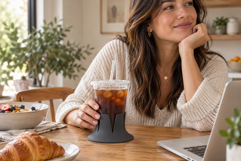 Woman at home breakfast table clear plastic iced coffee cup with flat lid and straw beside hand. AI lifestyle illustration.