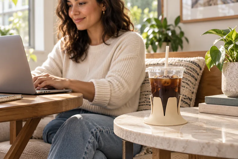 Adult working from bright cafe style home nook iced coffee on separate broad side table away from laptop. AI lifestyle illustration.