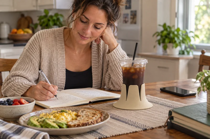 Adult journaling at breakfast table with clear iced-coffee cup with flat lid and straw in Steadi on clear actual breakfast-table spot beside journal outside phone reach. AI illustration.
